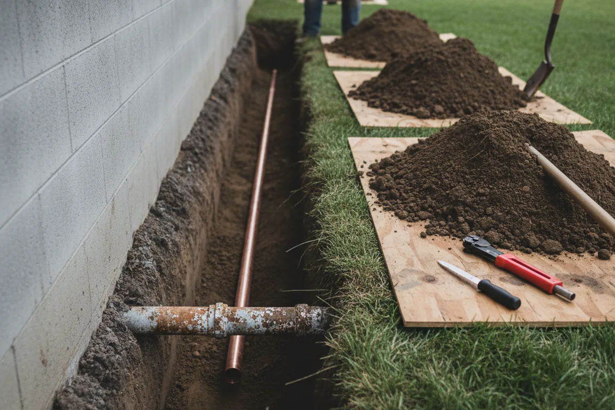 Excavated water line trench during Water Softener Installation in Bouckville